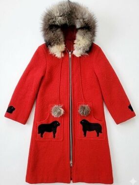 Rare 1970s Vintage Red Wool Canadian Parka Coat with Fur Trimmed Hood & Dog Silh